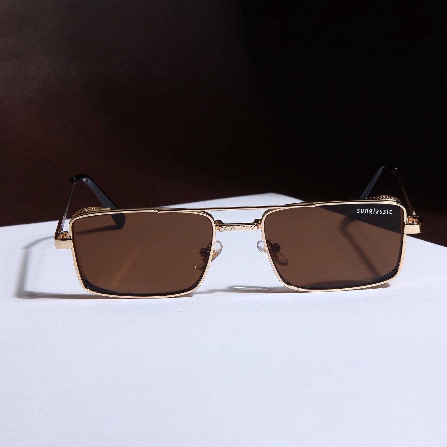 OPERA. Gold Brown Rectangle Sunglasses