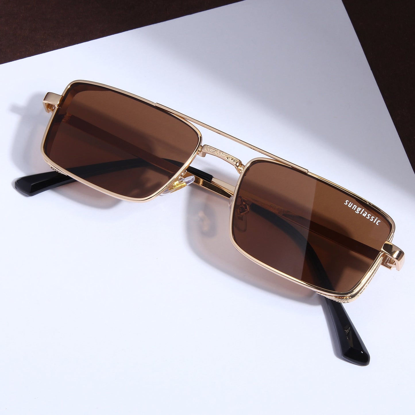 OPERA. Gold Brown Rectangle Sunglasses