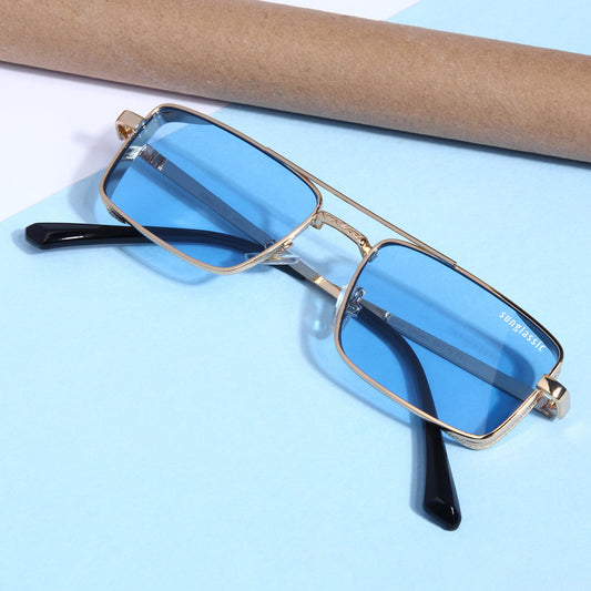 OPERA. Gold Blue Rectangle Sunglasses