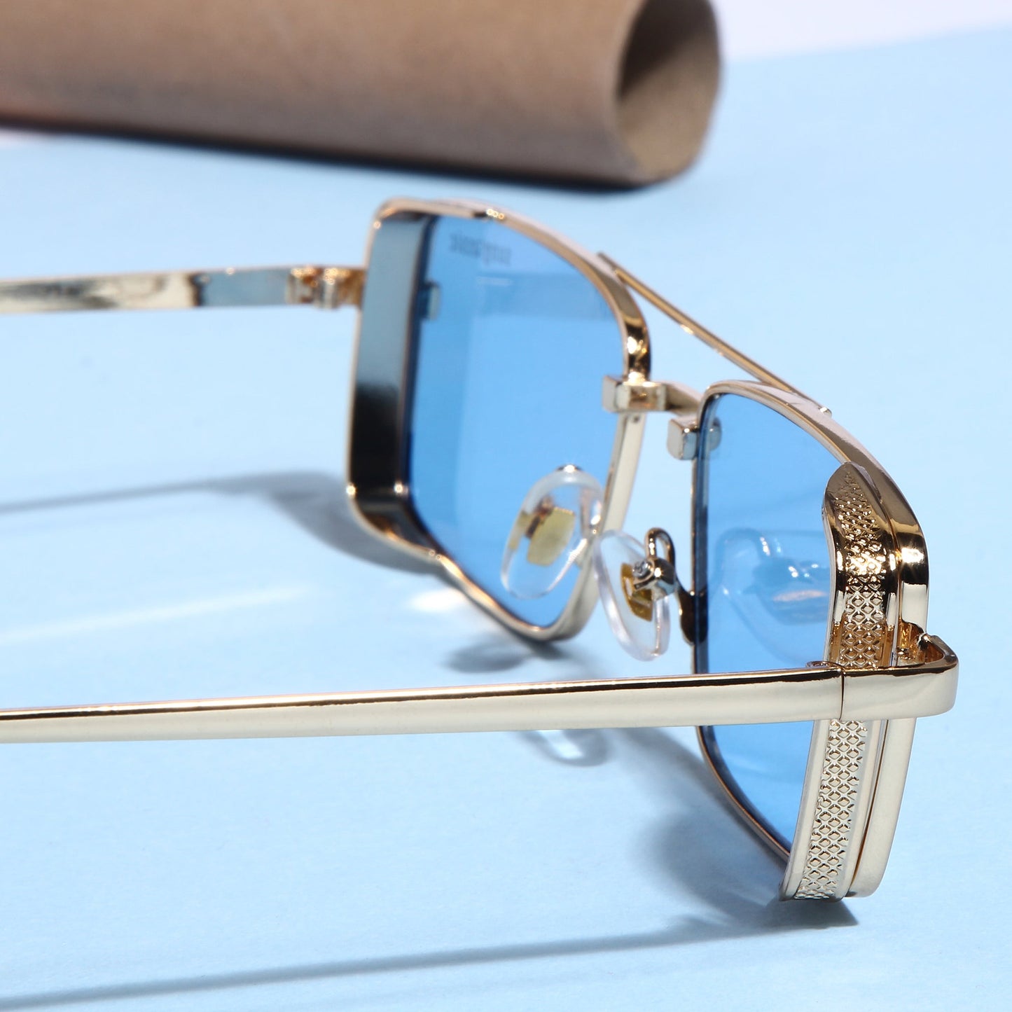 OPERA. Gold Blue Rectangle Sunglasses