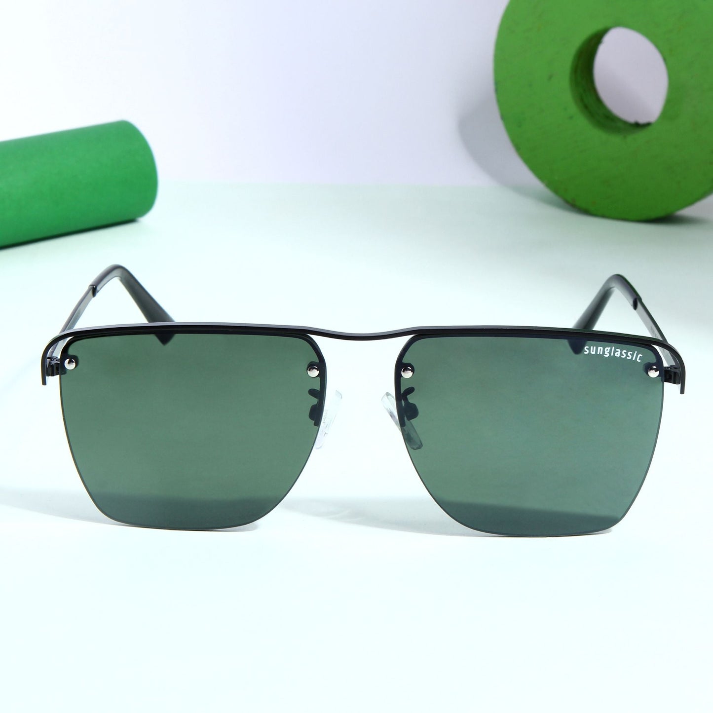 Heldish. Black Green Square Sunglasses