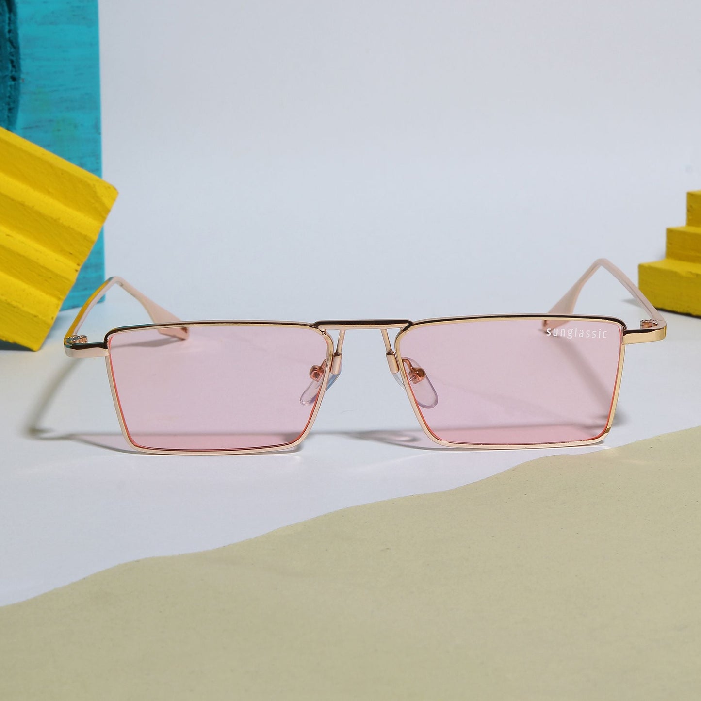 Rebel Edition Gold Pink Rectangle Sunglasses