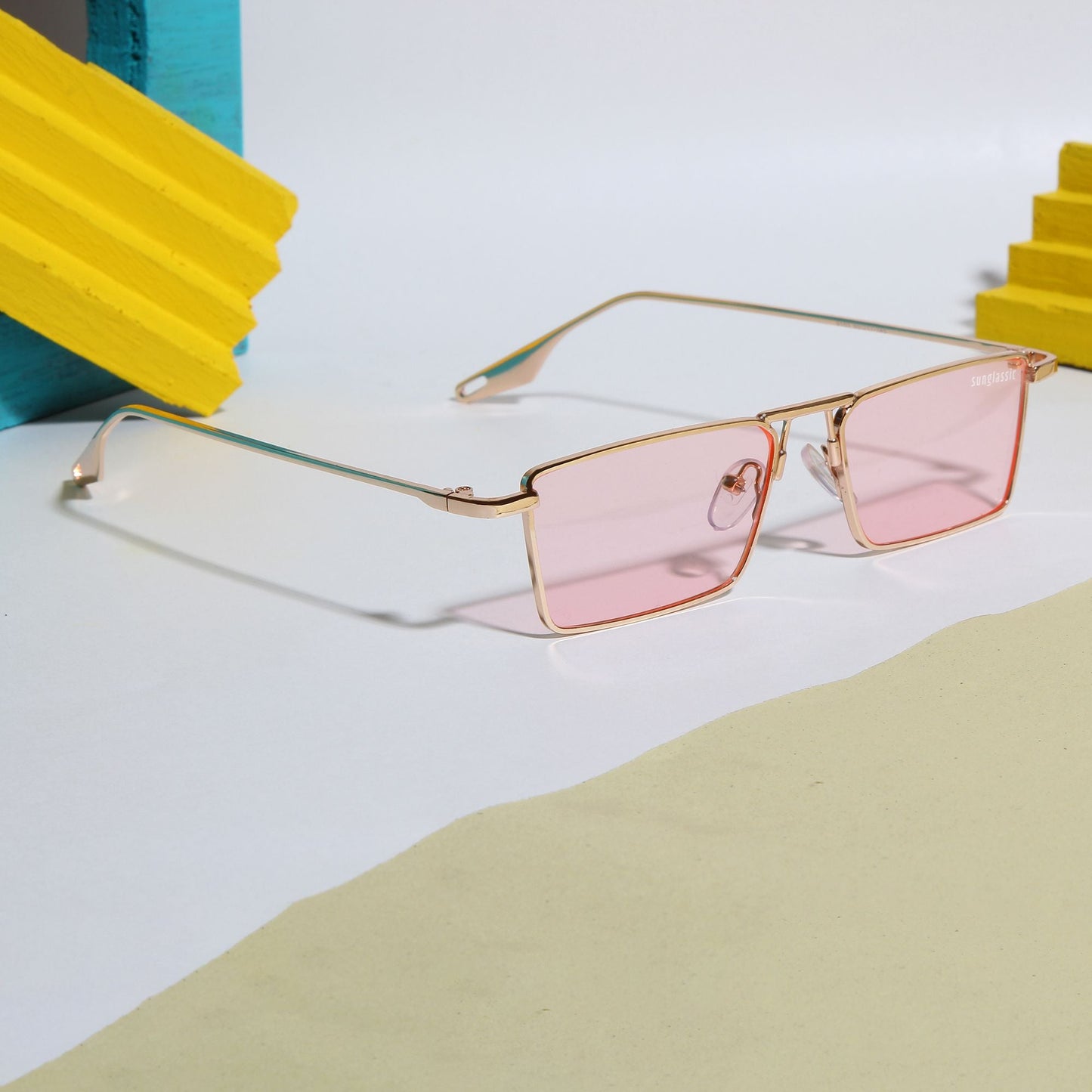 Rebel Edition Gold Pink Rectangle Sunglasses