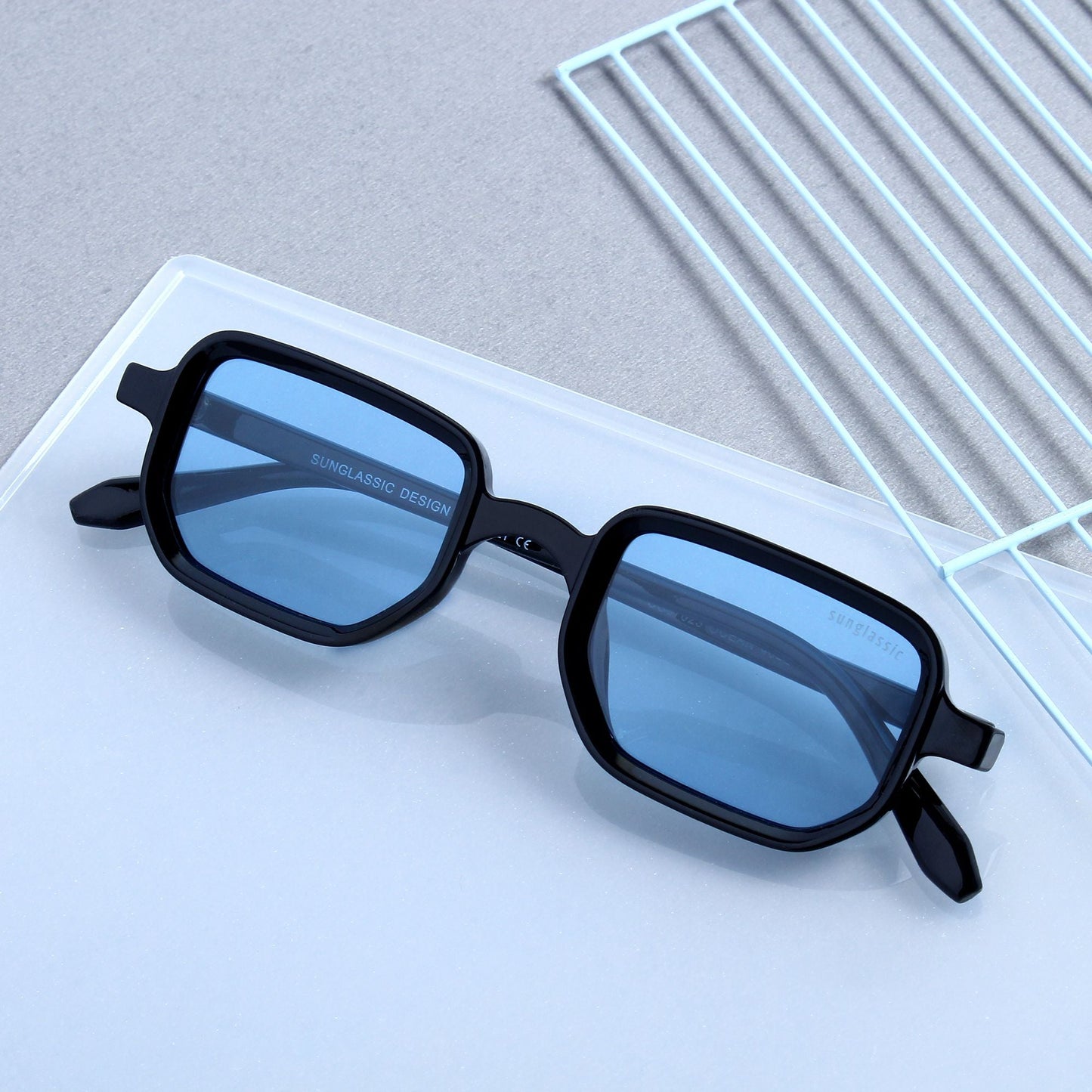 Ocean Black Blue Polarized Rectangle Sunglasses